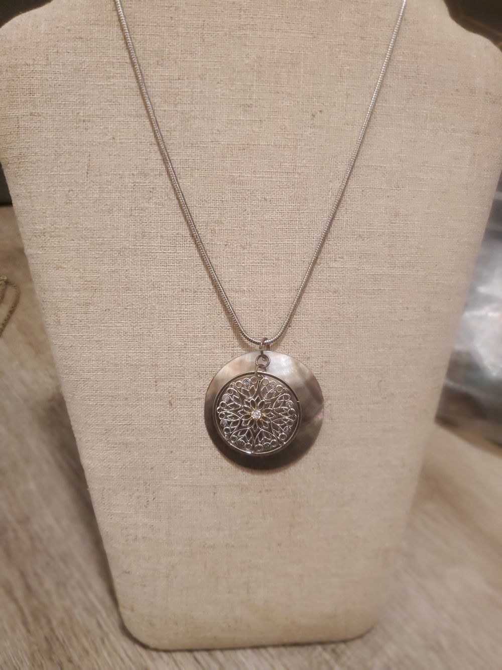 Silver Filigree Double-Disk Pendant Necklace - Silver